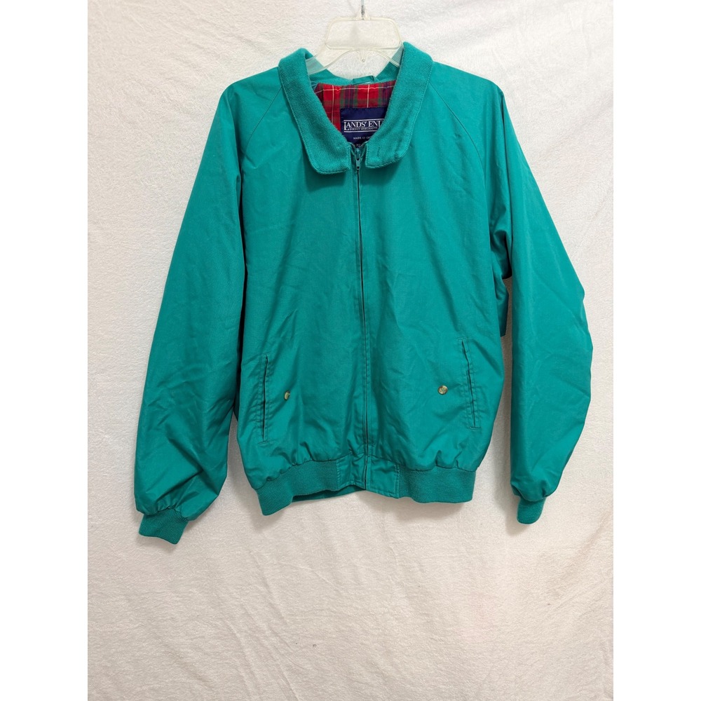 Lands End Mens XL Tall Teal Plaid Lined Harrington Jacket Full Zip Windbreaker